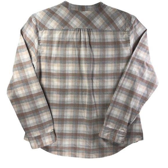 LL Bean Womens Small Plaid Flannel Button Up Shirt Band Collar Soft Beige Brown - Picture 2 of 12